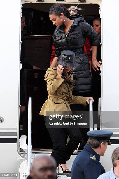 Cheryl Cole and Alysha Dixon arrive back in the UK at RAF Northolt after climbing Mount Kilimanjaro in aid of Comic Relief on March 9, 2009 in...