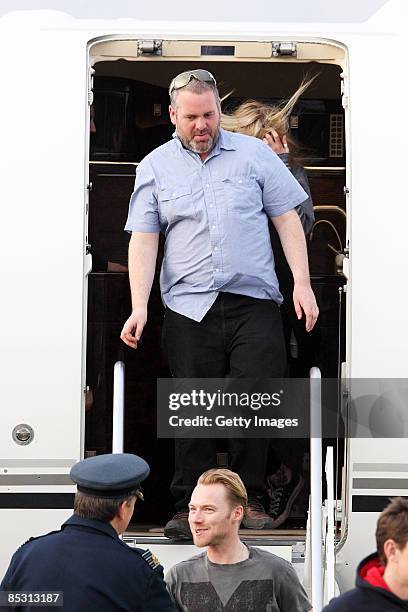 Ronan Keating and Chris Moyles arrive back in the UK at RAF Northolt after climbing Mount Kilimanjaro in aid of Comic Relief on March 9, 2009 in...