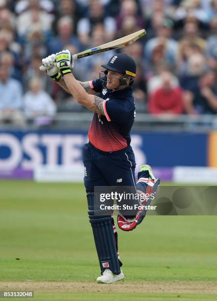 England batsman Ben Stokes hits out during the 3rd Royal London One Day International between England and West Indies at The Brightside Ground on...