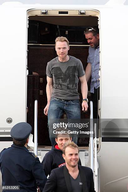 Ronan Keating, Gary Barlow and Ben Shepard arrive back in the UK at RAF Northolt after climbing Mount Kilimanjaro in aid of Comic Relief on March 9,...