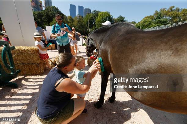 Child grooms a horse during the 4th Annual Rolex Central Park horse show at Wollman Rink, Central Park on September 24, 2017 in New York City.