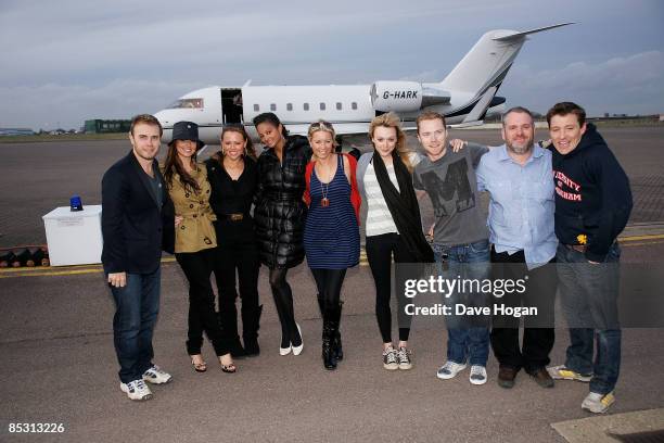 Gary Barlow, Cheryl Cole, Kimberley Walsh, Alysha Dixon, Denise Van Outen, Fearne Cotton, Ronan Keating, Chris Moyles and Ben Shepard arrive back in...