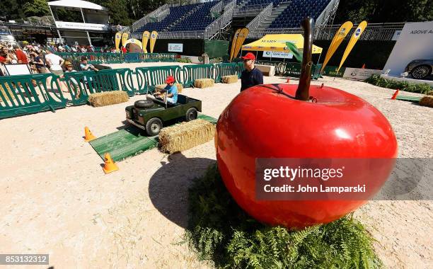 Child enjoys a miniature car ride at the 4th Annual Rolex Central Park horse show at Wollman Rink, Central Park on September 24, 2017 in New York...