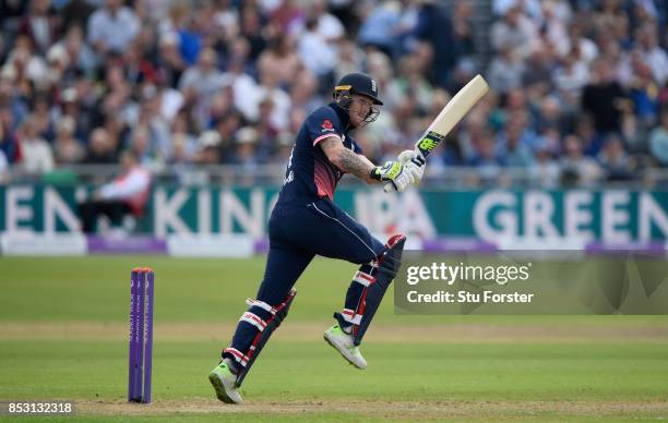 England batsman Ben Stokes hits out during the 3rd Royal London One Day International between England and West Indies at The Brightside Ground on...