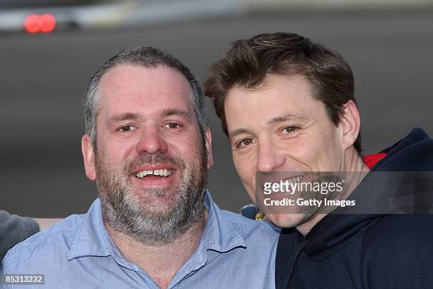 Chris Moyles and Ben Shepard arrive back in the UK at RAF Northolt after climbing Mount Kilimanjaro in aid of Comic Relief on March 9, 2009 in...