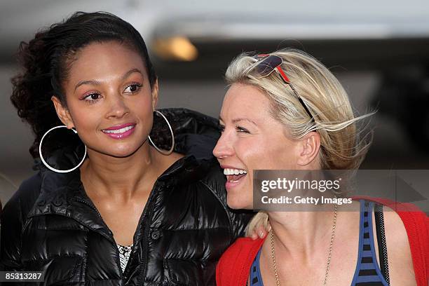 Alysha Dixon and Denise Van Outen arrive back in the UK at RAF Northolt after climbing Mount Kilimanjaro in aid of Comic Relief on March 9, 2009 in...