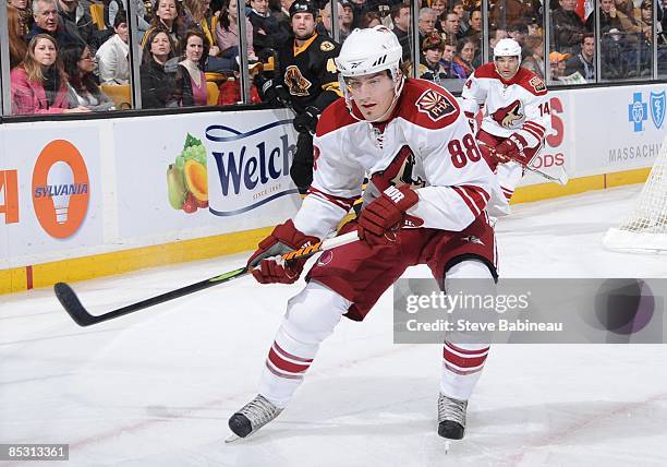 Peter Mueller of the Phoenix Coyotes skates up the ice against the Boston Bruins at the TD Banknorth Garden on March 5, 2009 in Boston, Massachusetts.