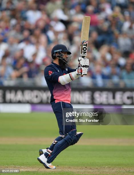 England batsman Moeen Ali hits out during his century during the 3rd Royal London One Day International between England and West Indies at The...