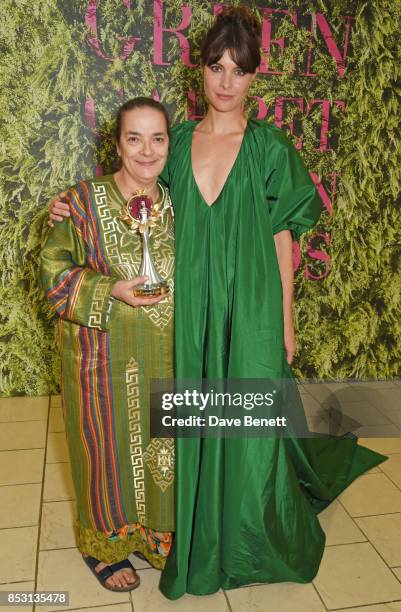 Chiara Vigo, winner of The Artisanal Laureate Award, poses backstage with presenter Vittoria Puccini at The Green Carpet Fashion Awards, Italia, at...