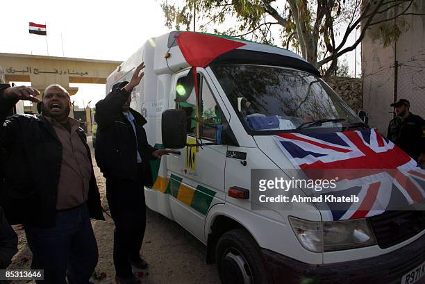 Vehicle in the UK aid convoy headed by British MP George Galloway arrives in the Gaza Strip after crossing the border between Egypt and southern Gaza...