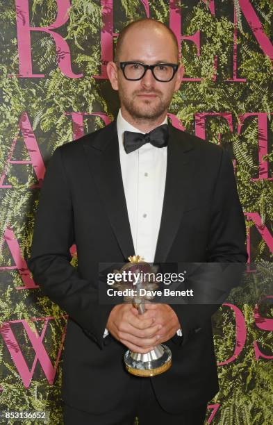 Maximilian Canepa, accepting the Sustainable Producer award on behalf of Taroni, poses backstage at The Green Carpet Fashion Awards, Italia, at...