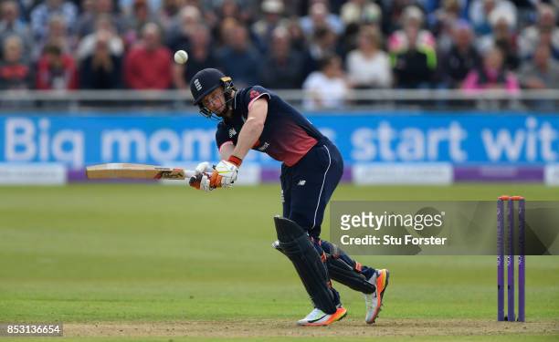 England batsman Jos Buttler hits out during the 3rd Royal London One Day International between England and West Indies at The Brightside Ground on...