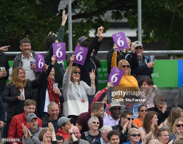 Fans celebrate a moeen six hit during the 3rd Royal London One Day International between England and West Indies at The Brightside Ground on...