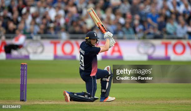 England batsman Chris Woakes hits out during the 3rd Royal London One Day International between England and West Indies at The Brightside Ground on...
