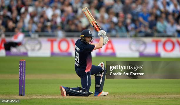 England batsman Chris Woakes hits out during the 3rd Royal London One Day International between England and West Indies at The Brightside Ground on...