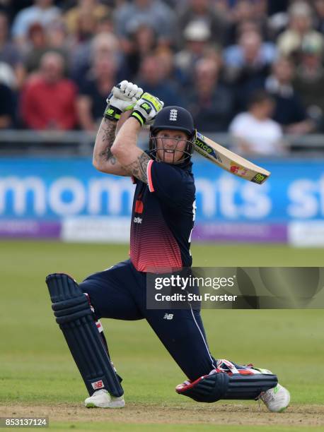 England batsman Ben Stokes hits out during the 3rd Royal London One Day International between England and West Indies at The Brightside Ground on...