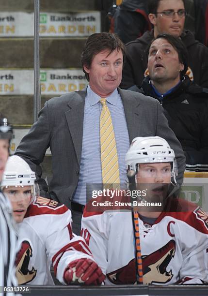 Head Coach Wayne Gretzky of the Phoenix Coyotes watches the play against the Boston Bruins at the TD Banknorth Garden on March 5, 2009 in Boston,...