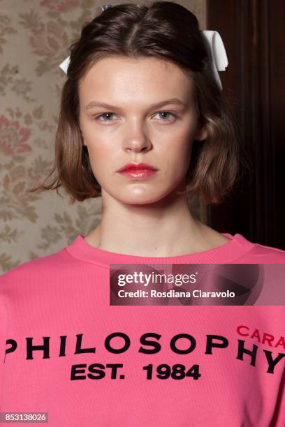 Cara Taylor is seen backstage ahead of the Philosophy By Lorenzo Serafini show during Milan Fashion Week Spring/Summer 2018 on September 23, 2017 in...