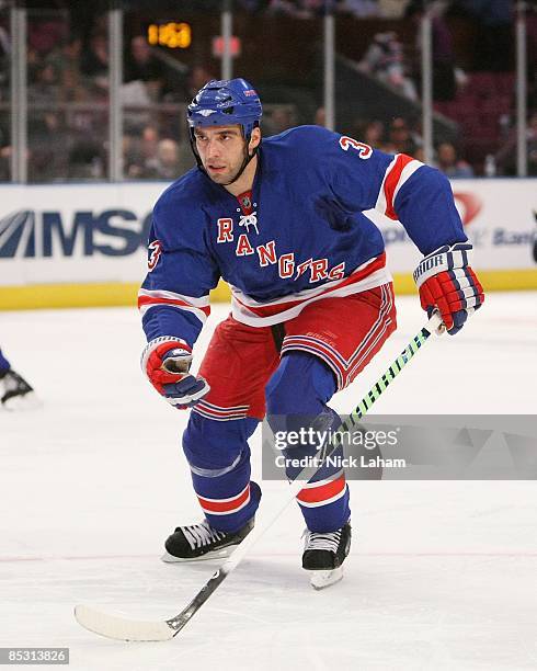 Michal Rozsival of the New York Rangers skates down the ice against the Florida Panthers on February 26, 2009 at Madison Square Garden in New York...