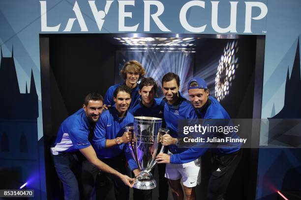 Marin Cilic, Rafael Nadal, Alexander Zverev, Dominic Thiem, Roger Federer and Tomas Berdych of Team Europe lift the Laver Cup trophy on the final day...