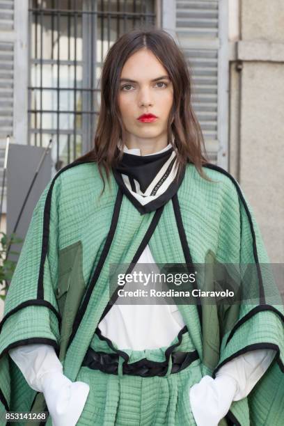 Lily Stewart is seen backstage ahead of the Philosophy By Lorenzo Serafini show during Milan Fashion Week Spring/Summer 2018 on September 23, 2017 in...