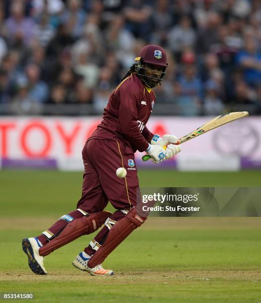 West Indies batsman Chris Gayle hits out during the 3rd Royal London One Day International between England and West Indies at The Brightside Ground...