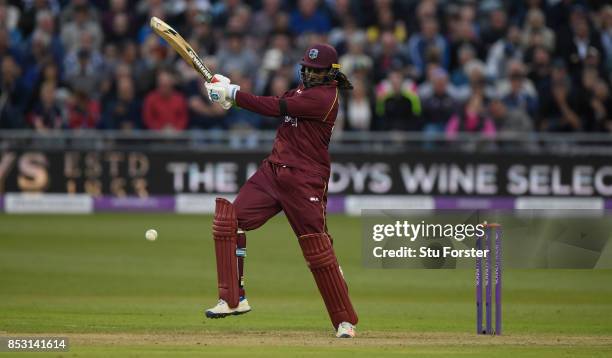 West Indies batsman Chris Gayle hits out during the 3rd Royal London One Day International between England and West Indies at The Brightside Ground...