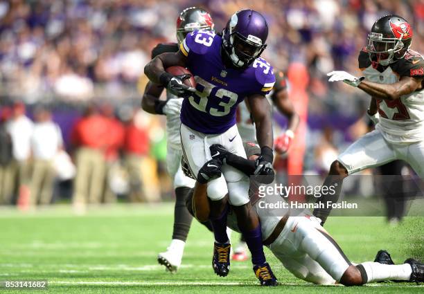 Dalvin Cook of the Minnesota Vikings carries the ball in the second half of the game against the Tampa Bay Buccaneers on September 24, 2017 at U.S....