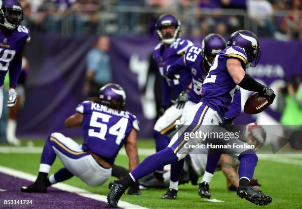 Harrison Smith of the Minnesota Vikings intercepts a pass intended for Mike Evans of the Tampa Bay Buccaneers of the game on September 24, 2017 at...