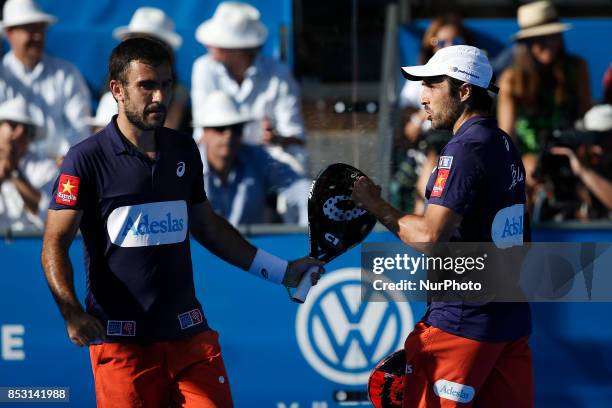 Fernando Belasteguin of Argentina celebrates with Pablo Lima of Brasil after winning a point during the Portugal Masters Padel 2017 men's doubles...