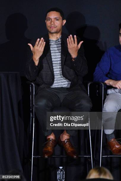 Trevor Noah speaks at the Tribeca TV Festival conversation with Trevor Noah and the writers of the Daily Show at Cinepolis Chelsea on September 24,...