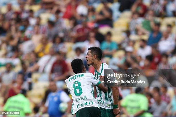 Egidio and Tch Tch of Palmeiras celebrate a scored goal during a match between Fluminense and Palmeiras as part of Brasileirao Series A 2017 at...