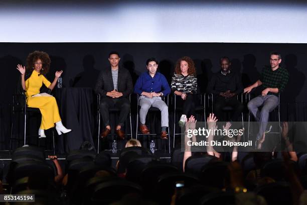 Elaine Welteroth, Trevor Noah, Zhubin Parang, Michelle Wolf, Joseph Opio and Steve Bodow attend the Tribeca TV Festival conversation with Trevor Noah...