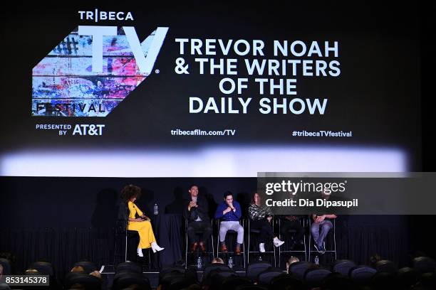 Elaine Welteroth, Trevor Noah, Zhubin Parang, Michelle Wolf, Joseph Opio and Steve Bodow attend the Tribeca TV Festival conversation with Trevor Noah...