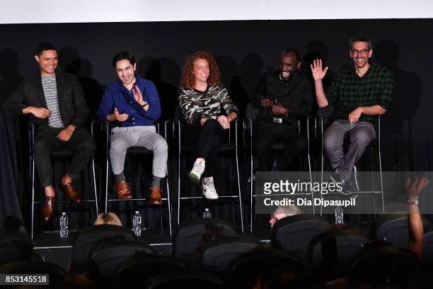 Trevor Noah, Zhubin Parang, Michelle Wolf, Joseph Opio and Steve Bodow attend the Tribeca TV Festival conversation with Trevor Noah and the writers...