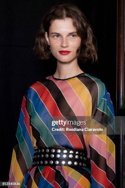 Giedre Dukauskaite is seen backstage ahead of the Philosophy By Lorenzo Serafini show during Milan Fashion Week Spring/Summer 2018 on September 23,...