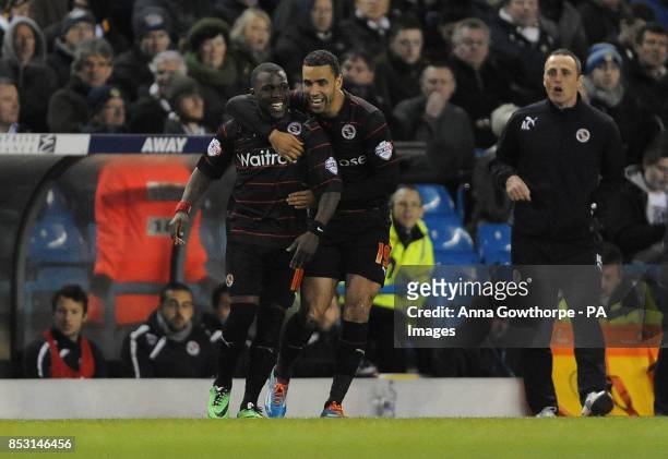 Reading's Royston Drenthe celebrates with Hal Robson-Kanu after scoring his side's second goal during the Sky Bet Championship match at Elland Road,...