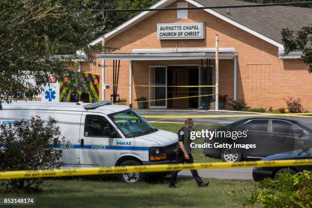 Law enforcement gathers around the Burnette Chapel Church of Christ on September 24, 2017 in Antioch, Tennessee. One person was killed and seven were...