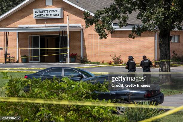 Law enforcement gathers around the Burnette Chapel Church of Christ on September 24, 2017 in Antioch, Tennessee. One person was killed and seven were...