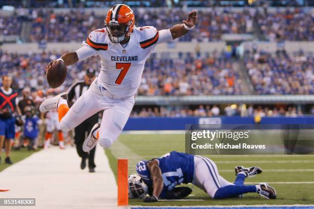 DeShone Kizer of the Cleveland Browns is tackled short of the endzone by Nate Hairston of the Indianapolis Colts during the second half at Lucas Oil...