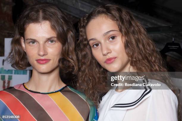 Giedre Dukauskaite and Michelle Gutknecht are seen backstage ahead of the Philosophy By Lorenzo Serafini show during Milan Fashion Week Spring/Summer...