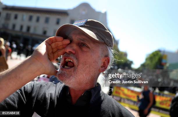 Pro-Trump protester yells during a free speech rally with right wing commentator Milo Yiannopoulos at U.C. Berkeley on September 24, 2017 in...