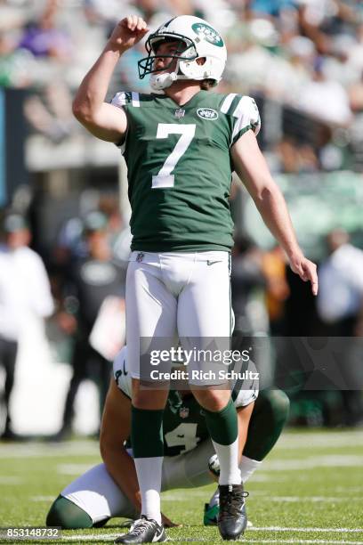 Chandler Catanzaro of the New York Jets reacts after making a field goal against the Miami Dolphins during the second half of an NFL game at MetLife...