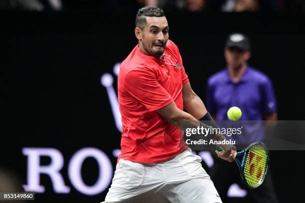 Australia's Nick Kyrgios of the Team World in action against Switzerland's Roger Federer of the Team Europe during the Laver Cup in Prague, Czech...