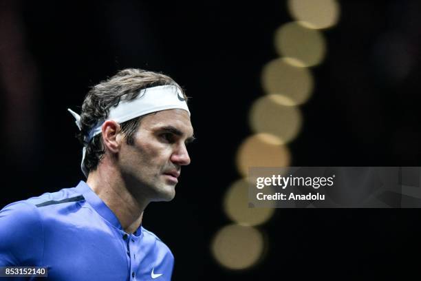 Switzerland's Roger Federer of the Team Europe in action against Australia's Nick Kyrgios of the Team World during the Laver Cup in Prague, Czech...