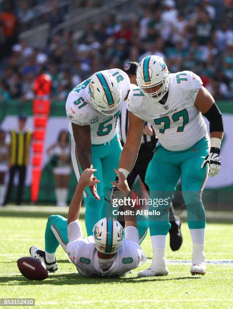 Mike Pouncey and Jesse Davis help Jay Cutler of the Miami Dolphins to his feet against the New York Jets during the second half of an NFL game at...
