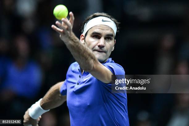 Switzerland's Roger Federer of the Team Europe in action against Australia's Nick Kyrgios of the Team World during the Laver Cup in Prague, Czech...