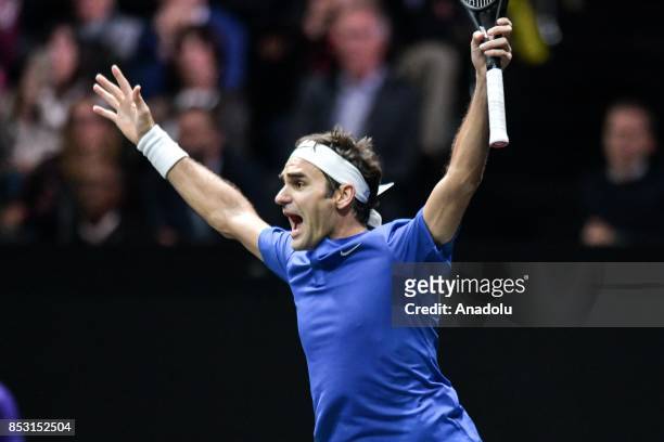 Switzerland's Roger Federer of the Team Europe celebrates after winning his match against Australia's Nick Kyrgios of the Team World during the Laver...