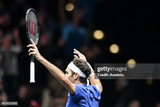 Switzerland's Roger Federer of the Team Europe celebrates after winning his match against Australia's Nick Kyrgios of the Team World during the Laver...