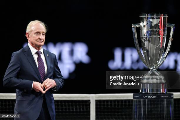 Former tennis player Rod Laver poses with Laver Cup during the trophy ceremony after the Laver Cup in Prague, Czech Republic on September 24, 2017....